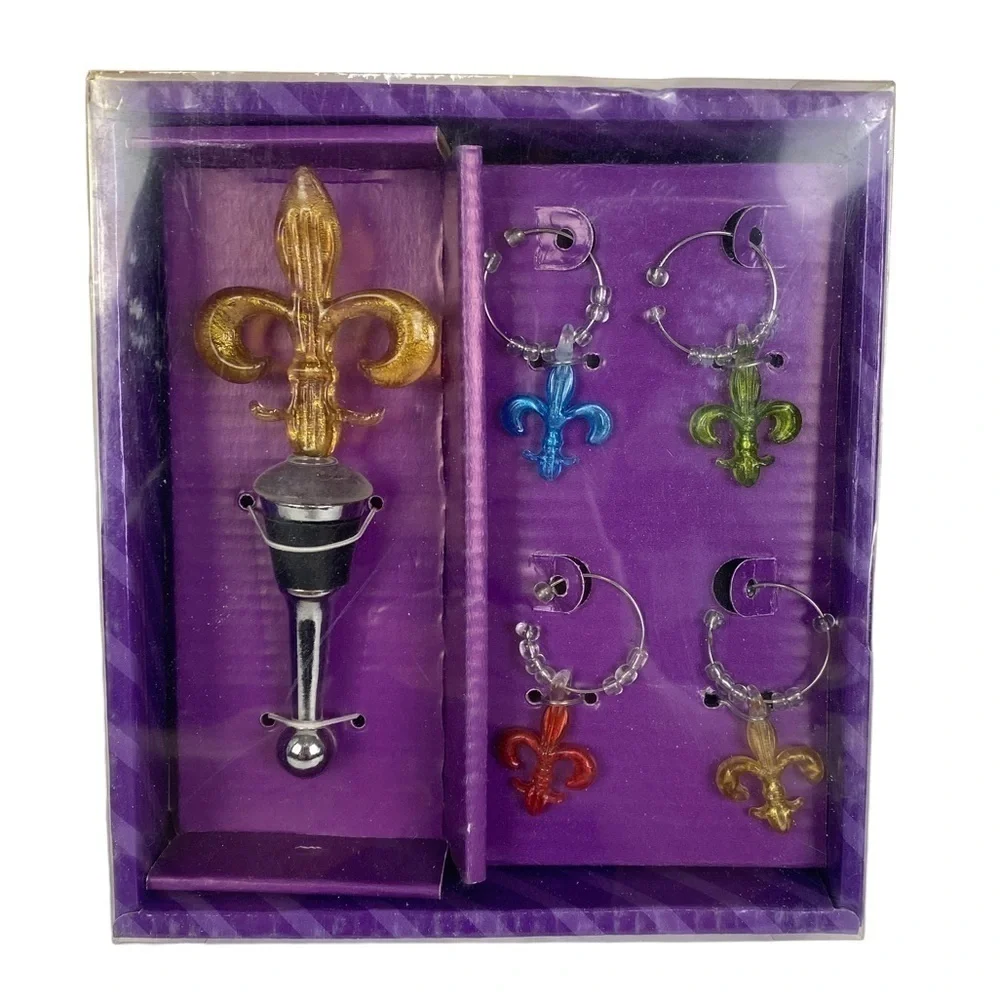 Wine Accessories 5-Piece Set Medieval Art Glass Wine Stopper‎ and 4 Charms NEW